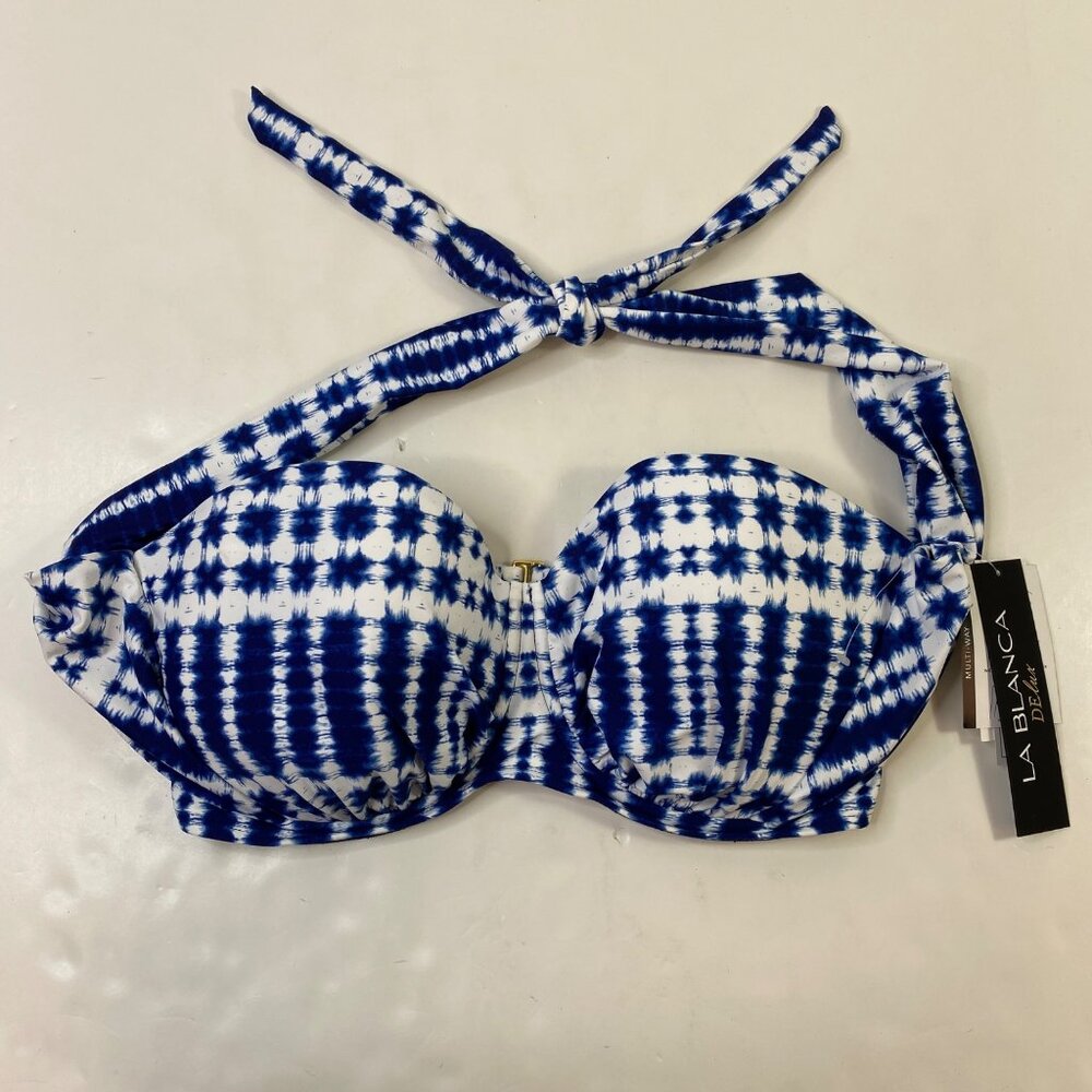 La Blanca Deluxe Womens Multi-Way Blue White Tie-Dye Bikini Swim Top Size 36E